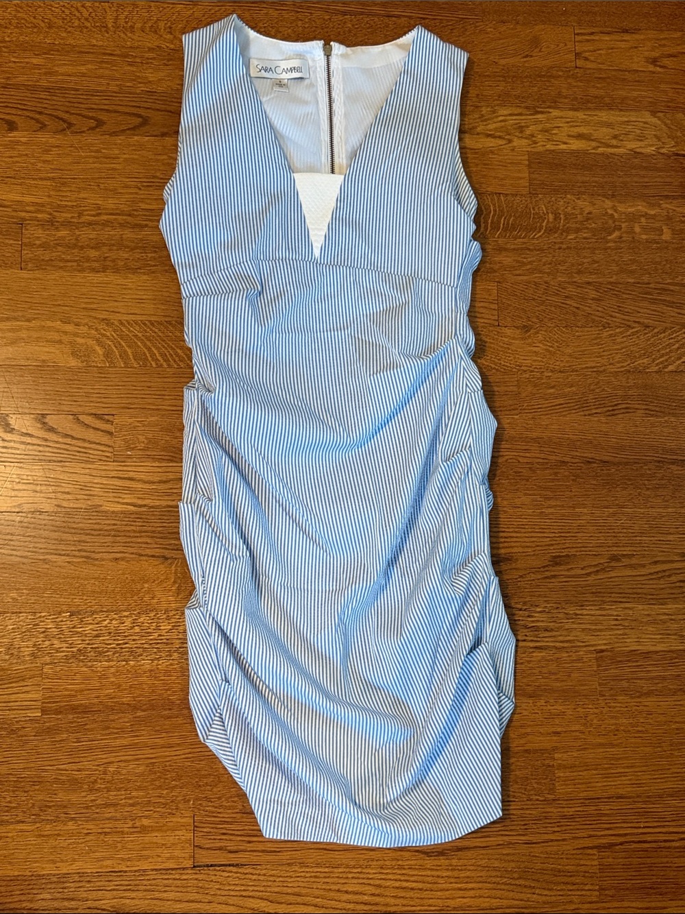 Sara Campbell Light Blue & White Pinstripe V-Neck Midi Sheath Dress